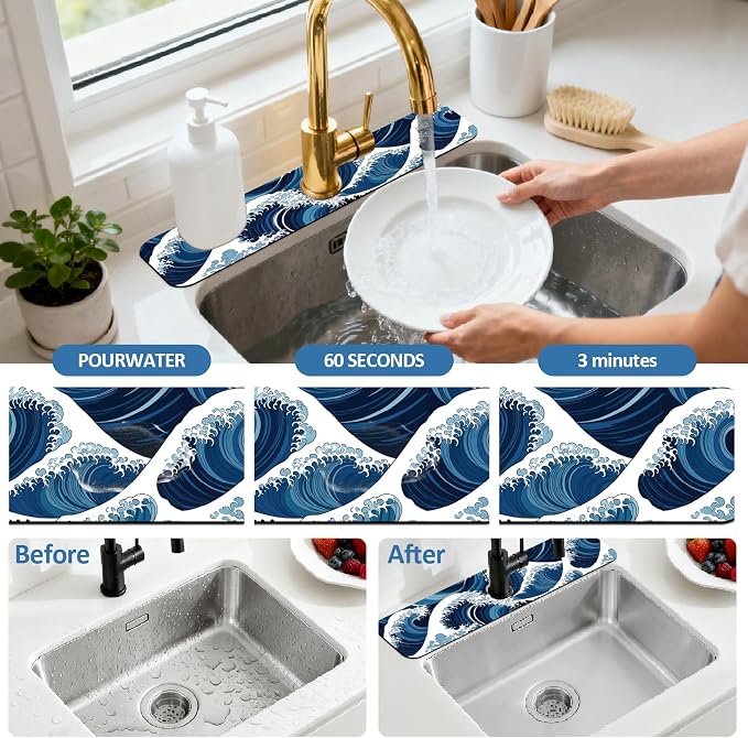 2 Pcs The Ocean Kitchen Sink Splash Guard Faucet Mat The Waves Faucet Mat for Sinks Absorbing Drying Mats for Kitchen Bathroom, 23.6x5.5inch - Image 5