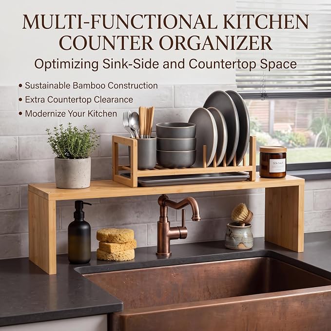 Bamboo Over the Sink Shelf Bathroom Shelf Organizer Over the Faucet Wood Pedestal Soap Stand Farmhouse Bathroom Decor Over the Sink Shelves (23.62 x 7.87 x 5.91 Inches,Bamboo Color) - Image 5