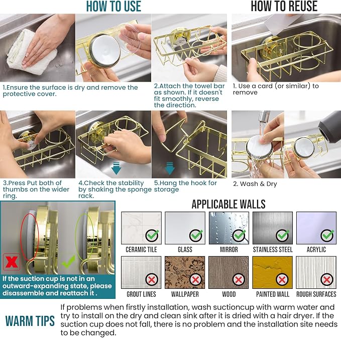 TAILI 4-in-1 Sponge Holder for Kitchen Sink with Strong Suction Cup-Gold | Removable Rustproof 304 Stainless Steel Multi-compartment Sponge Holder with Suction Cup, Keeps Brushes & Scrubbers Tidy - Image 8