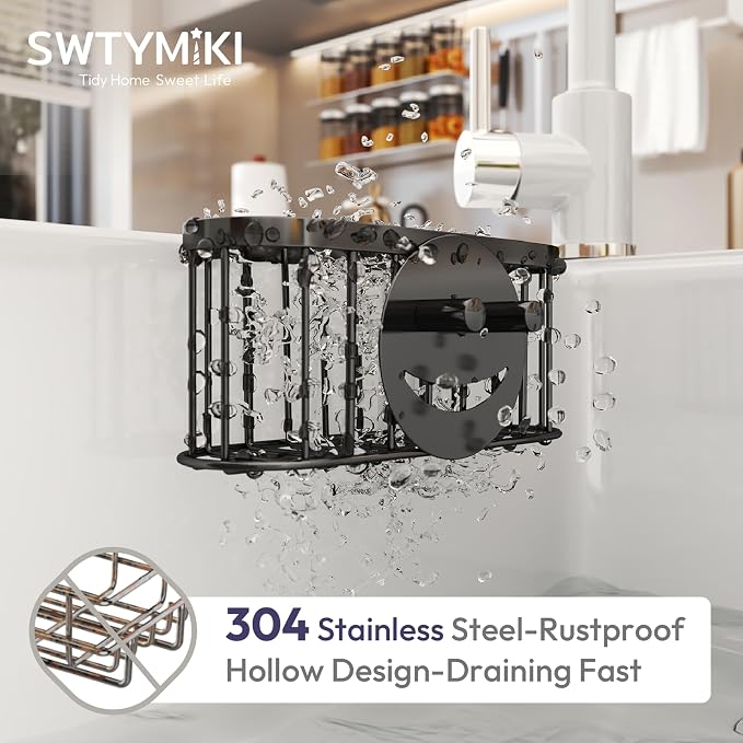 SWTYMIKI Sponge Holder for Kitchen Sink - Movable Sink Caddy with Smiley Face Sponge Holder, Rustproof Hanging Sponge Organizer in Double Bowl Sinks Depth>3.15in, Middle Divider<1.5in, Black - Image 5