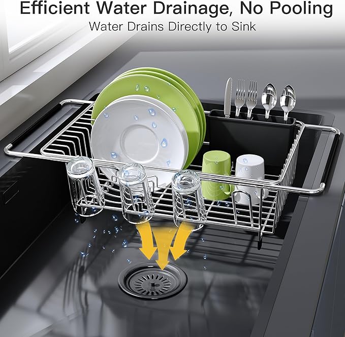 JASIWAY Dish Drying Rack in Sink, Dish Drainer with Cup and Utensil Holder | Over The Sink Expandable Stainless Steel Strainer Dryer Rack for Small Kitchen, Counter Space Saving, Fast Drain, Rustproof - Image 6