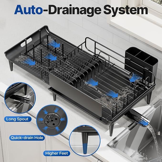Urackify Expandable Dish Drying Rack with Drainboard for Kitchen Counter | Expands from 16.9 to 26.6 inches to fit more dishes, plates with fast drainage and flexible placement for any sink - Image 7