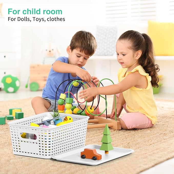 8 Pack Plastic Storage Baskets,White Stackable Bins with Lid | 5.3qt Storage Containers with Labels for Organizing Shelves Drawers Desktop Closet Playroom Classroom Office - Image 4