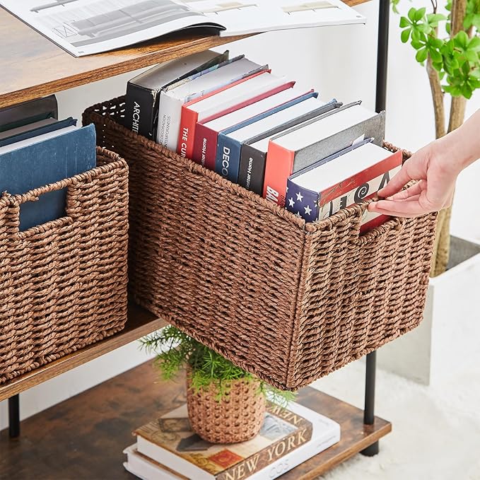 Wicker Storage Basket, Set of 2 Hand-Woven Paper Rope Wicker Basket, Small Storage Baskets for Organizing Toilet Paper Basket, Foldable Large Cube Storage Organizer Bins for Shelves (Brown) - Image 4