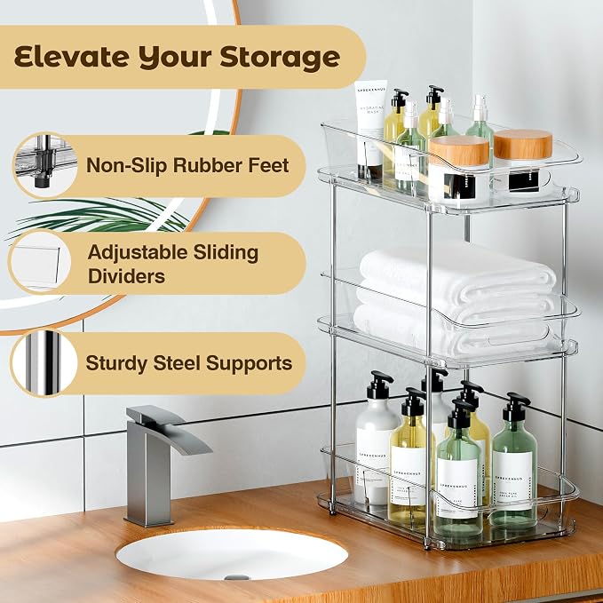 incostar 2 Sets of 3-Tier Bathroom Under Sink Organizers | Pull-Out Storage, With Dividers, Slide-Out Clear Storage, For Cupboard Bathroom Vanities Cabinet - Image 3