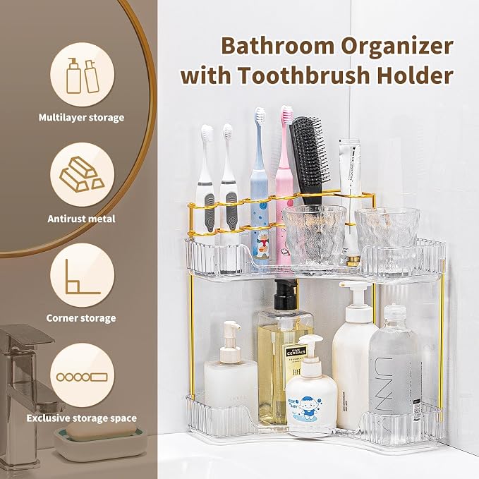 Makeup Organizer 2-Tier Bathroom Counter Organizer with Makeup Brush Holder | Corner Bathroom Organizer Countertop, Acrylic Counter Storage for Bathroom Dresser, Skincare Perfume Organizer-Clear - Image 6