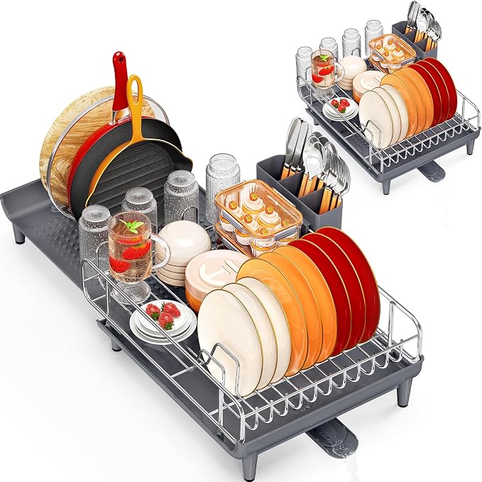 NTD Expandable Dish Drying Rack for Kitchen Counter, 16.7"-26.8", Gray | Large Multifunctional Dish Drainers, Anti-Rust, with Cutlery & Cup Holders, Self-Draining Drainboard, FIts for 4-5 People by TOOLF