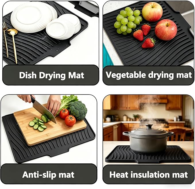 Silicone Dish Drying Mat, 19.7"*17" Dish Drying Pad,Kitchen Accessories,with Built-In and Non-Slip Drain,Easy Clean, Fit for Kitchen, Bar, RV, Refrigerator and Drawer Liner, Black - Image 6