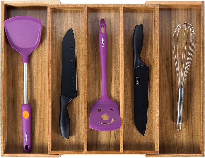 Utoplike Acacia Kitchen Drawer Organizer Expandable, Utensils Cutlery Tray | Large Silverware Divider for Knives, Flatware, Knives in Kitchen, Bedroom, Living Room, Adjustable 3-5 Slots by Utoplike