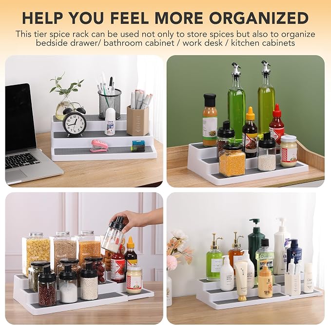 CiWiVOKi 3 Tier Expandable Spice Rack Organizer, White/Grey Plastic Spice Rack, Adjustable Length 14.6In-25.8In, 2 Pack Non-Skid Tiered Spice Shelf Organizer for Kitchen Cabinet, Cupboard, Pantry - Image 7