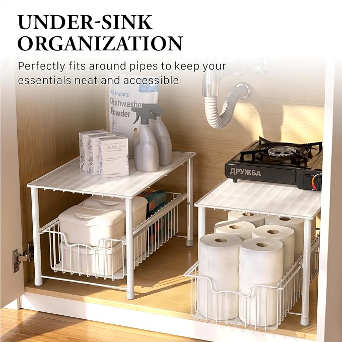 Simple Houseware Wired Stackable Under Sink Cabinet Sliding Basket, White | Free Standing Organizer Drawer, Kitchen/Pantry/Cabinet/Counter - Image 6