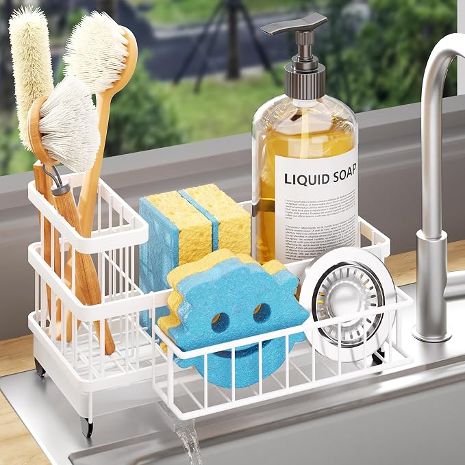 Consumest Sponge Holder for Kitchen Sink - Auto Draining Sink Caddy Organizer with Detachable Rack, High Brush Holder, Kitchen Countertop Storage Accessories, White by Consumest