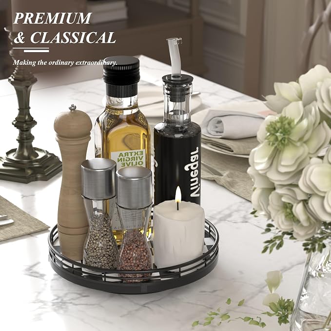 AMH 9-Inch Black and White Checkerboard Lazy Susan with Oak Base | Smooth rotating oak tray with walnut finish for dining tables, kitchen counters, pantries and cabinet storage. - Image 4