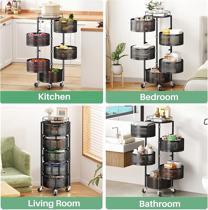 SAYZH 5 Tier Fruit Vegetable Basket Stand for Kitchen, Rotating, Black | Rolling Storage Cart with top lid, Large Metal Wire Rack for Potato and Onion Storage - Image 8
