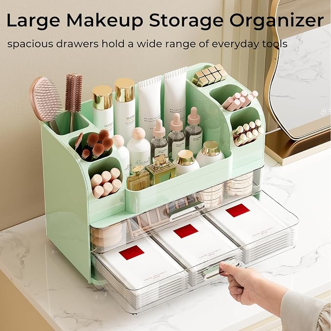 UFORU Makeup Organizer Countertop with 2 Large Drawers for Vanity Bathroom | Brush Holder, Large Capacity, Thickened Plastic, Compact Footprint, Space-Saving Design, Easy Clean, Ideal for Dorm Rooms - Image 3