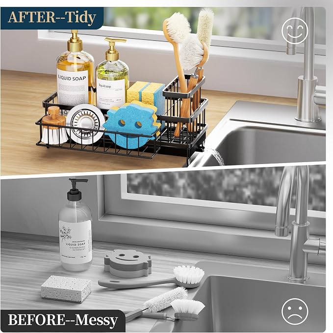 Consumest Sponge Holder for Kitchen Sink - Auto Draining Sink Caddy Organizer with Detachable Rack, High Brush Holder, Kitchen Countertop Storage Accessories, Black-Extra Large - Image 7