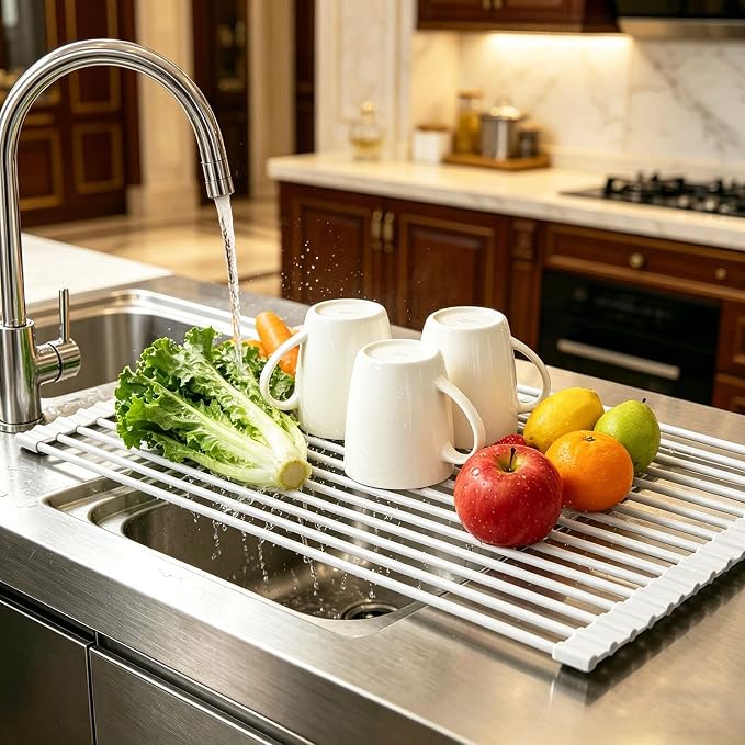 Ahyuan Large Roll up Dish Drying Rack Silicone Foldable Rack Over Sink Dishes Drainer Roll-up Sink Drying Racks Full Silicone Coated Stainless Still Dish Drying Rack (Warm Grey, 17.7''X13.13'') - Image 2