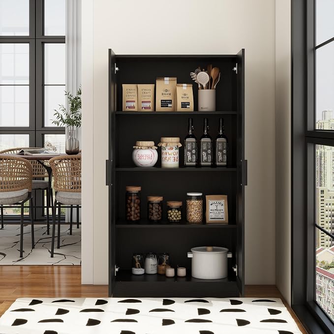 Wooden Storage Cabinet, Collection Food Pantry Narrow Cabinet Free Standing with 2 Doors and 3 Shelves Tool Cabinet, for Kitchens, Living Room, Utility Rooms (Black) - Image 5