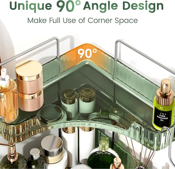 3-Tier Green Corner Organizer, PET Counter Storage with Hooks | Multi-Surface Organizer for Bathroom Vanity & Kitchen Countertop - Image 3