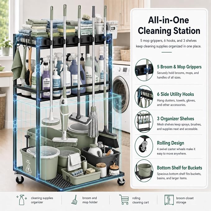 Cleaning Supplies Organizer Cart with Wheels, Broom and Mop Holder with 5 Grippers, 6 Hooks, 3 Shelves, Rolling Broom Closet Storage Rack for Laundry Room, Kitchen, Bathroom, Garage, Poolside - Image 2