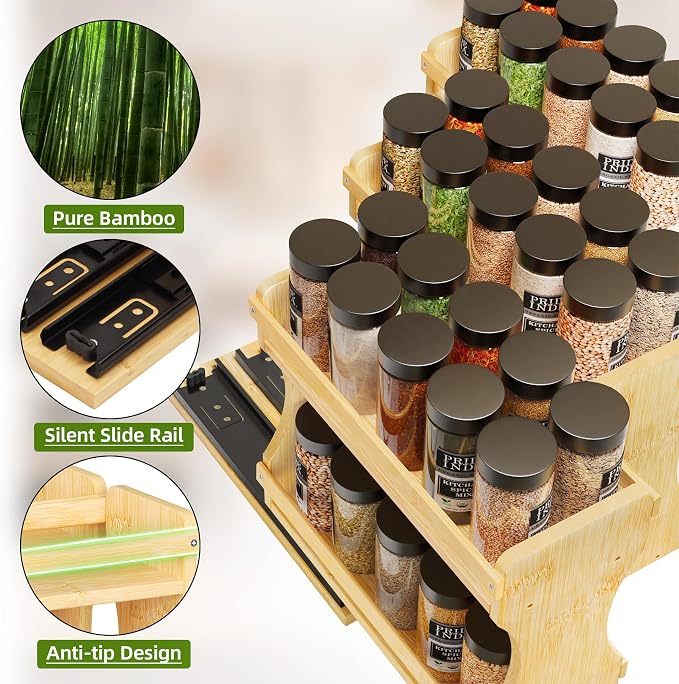 BAMEOS Pull Out Spice Rack Organizer for Cabinet, Bamboo Wide 13.9" Slide Out Seasoning Organizer for Kitchen, No Drill Anti-Tip Ball Bearing Silent Glides, Pantry Cabinet Organizer,Natural - Image 5