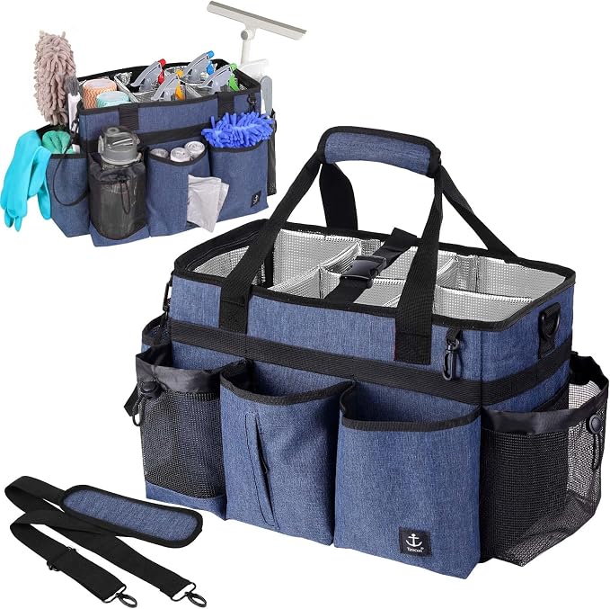 Large Cleaning Caddy Bag Built-in hard plastic sheet Aluminum foil lining | Waterproof nylon, aluminum foil lining, detachable dividers, dual straps for housekeepers by Timoxi