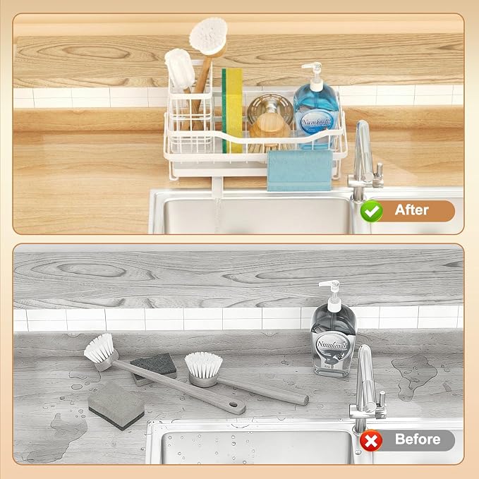 Sponge Holder for Kitchen Sink, Self-draining Sink Organizer with Towel Rack and Brush Holder, Metal Kitchen Sink Organizer for Countertop, White - Image 7