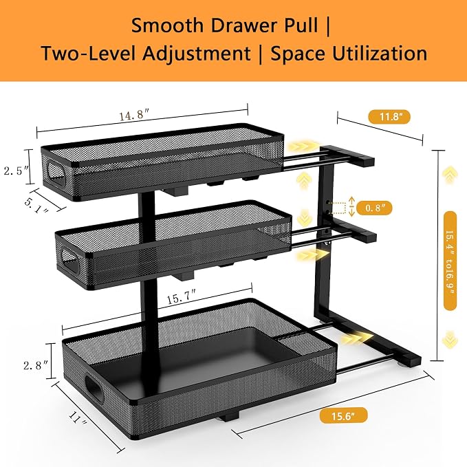 Under Sink Organizer, 2-Pack 3-tier Under Sink Storage Organizer Adjustable Height Easy Assembly Pull Out Cabinet Organizers Basket for Bathroom Kitchen Pantry Home Organization - Image 2