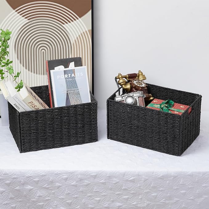 Wicker Storage Basket, Set of 2 Hand-Woven Paper Rope Wicker Basket, Small Storage Baskets for Organizing Toilet Paper Baskets, Foldable Large Cube Storage Organizer Bin for Shelves (Black) - Image 7