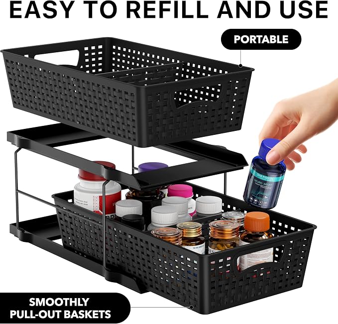 Simple Houseware 2 Tier Pull-Out Sliding Drawer Under Sink Storage, Black | Great for Kitchen Bathroom Tray Shelf Organizer - Image 3