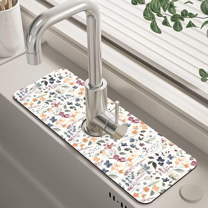 Vintage Watercolor Floral Kitchen Sink Splash Guard Mat Absorbent Fast Drying Mat Faucet Draining Mat Sink Splash Guard Behind Faucet Drip Catcher for Kitchen Bathroom 5.5"×15" by Unknown