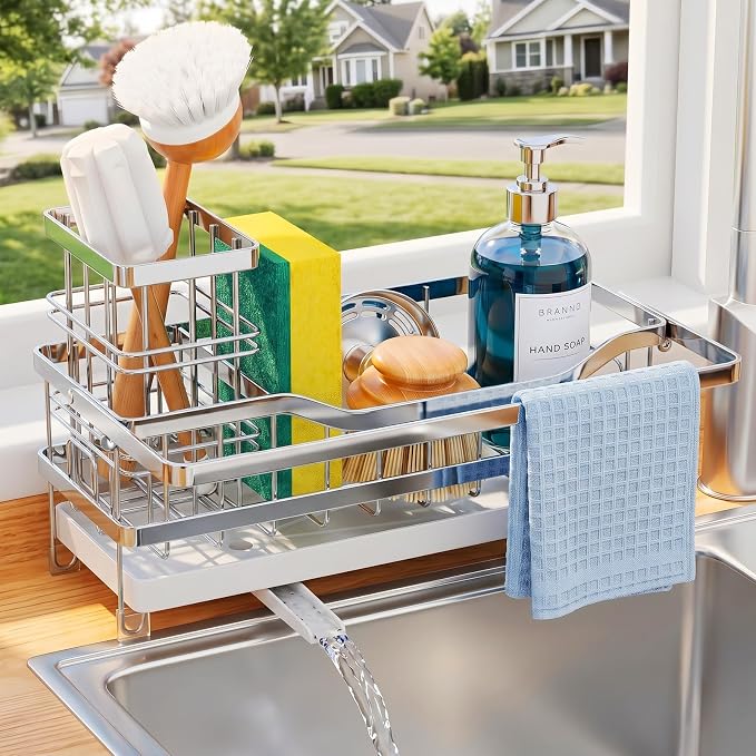 Sponge Holder for Kitchen Sink, Self-draining Sink Caddy with Towel Rack and Brush Holder, Metal Kitchen Countertop Organizers and Storage Essentials, Silver by GUUKAR
