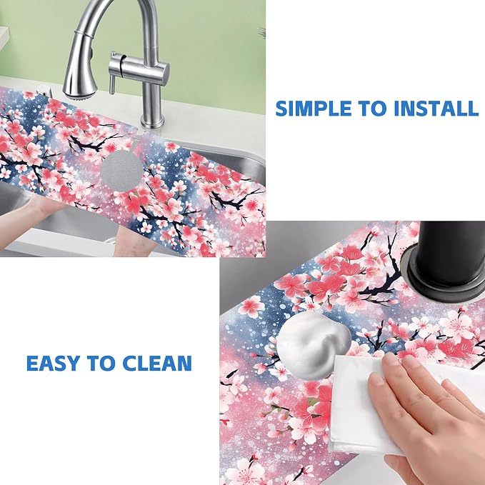 Japanese Pink Cherry Blossoms Dish Drying Mat for Kitchen Sink Splash Guard Behind Faucet Sink Mat Absorbent Fast Drying Faucet Draining Mat for Bathroom Kitchen 5.5"×24" - Image 5