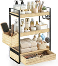 3-Tier Bathroom Counter Organizer with Drawer Basket and Hooks, Wood Bathroom Organizers and Storage for Countertop, Farmhouse Brown Countertop Organizer, Counter Shelf for Vanity, Kitchen,Office by Susoct