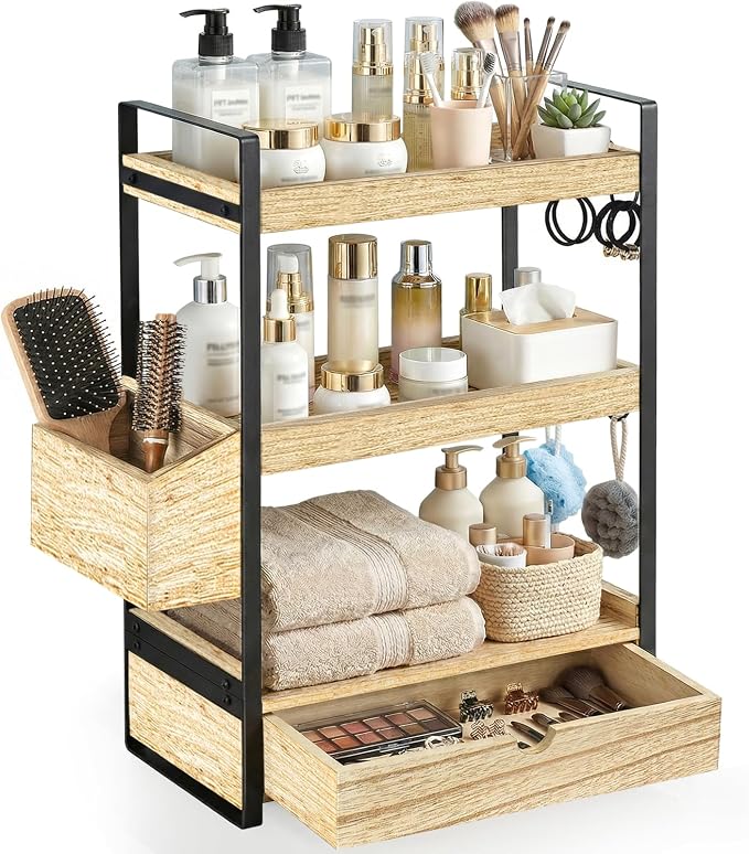 3-Tier Bathroom Counter Organizer with Drawer Basket and Hooks, Wood Bathroom Organizers and Storage for Countertop, Farmhouse Brown Countertop Organizer, Counter Shelf for Vanity, Kitchen,Office by Susoct