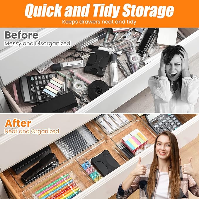 6 Pcs Large Size Clear Drawer Organizer Set, Acrylic Non Slip Non Cracking Kitchen Drawer Storage Tray Divider, Multifunctional Storage for Cosmetics, Bathroom, Tools, Kitchen and Office - Image 5