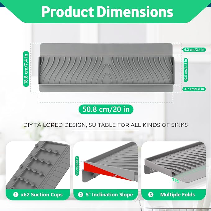 Silicone Sink Edge Protector and Splash Guard with Matching Drain Strainer, 24 Inch Countertop Chip Guard for Kitchen and Bathroom, 62 Suction Cups, Heat Resistant to 446°F, Gray - Image 4