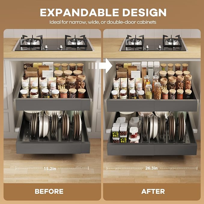 Seinloes 2 Pack Pull out Cabinet Organizer 21" Deep With Raising Pad for Framed Cabinets,Expandable (15.2"-26.3"W) Slide out Drawers for Kitchen Cabinets with 4pcs Divider Racks,Roll out Shelves,Black - Image 4