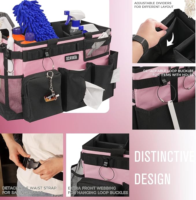 SCAVATA Wearable Cleaning Caddy Bag, Cleaning Caddy Supplies Organizer with Handle & Shoulder Straps for Housekeepers, Under Sink & Car Cleaning Tool Organizers with 4 Foldable Divider (SweetPink) - Image 3