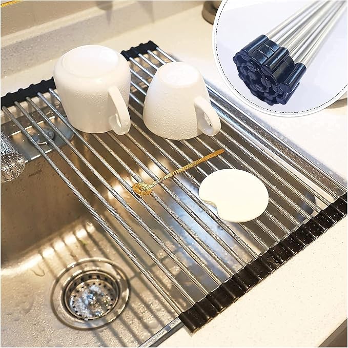 Roll up Dish Drying Rack Over The Sink Portable Stainless Still Rolling Rack Folding Mat for Kitchen Counter (Black, 17.7''LX11.8''W) - Image 6