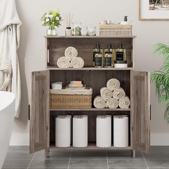 Homhedy Farmhouse Bathroom Storage Cabinet with Doors, Small Floor Cabinet | Toilet Paper Cabinet with Adjustable Shelf, Freestanding Storage Cabinet for Kitchen/Laundry/Living Room, 24"W, Greige - Image 8