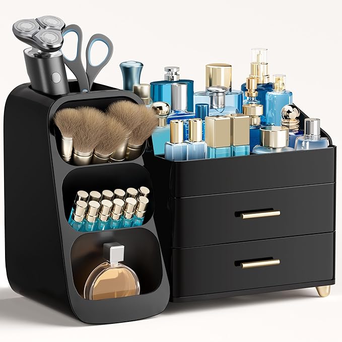 HBlife Cologne Organizer for Men Makeup Organizer with Brush Holder for Vanity, Large Plastic Bathroom Countertop Organizer Skin Care Storage, Fathers Day Gift for Dad Husband, All Black by HBlife