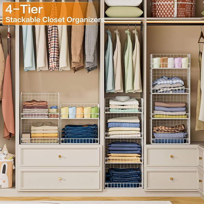 Yociyoga 4 Tier Stackable Closet Organizers and Storage Shelves, Foldable Closet Shelf Organizer System, Stackable Storage Bins Drawers for Clothes Organizer System, White（Patent No. 30022416） - Image 2