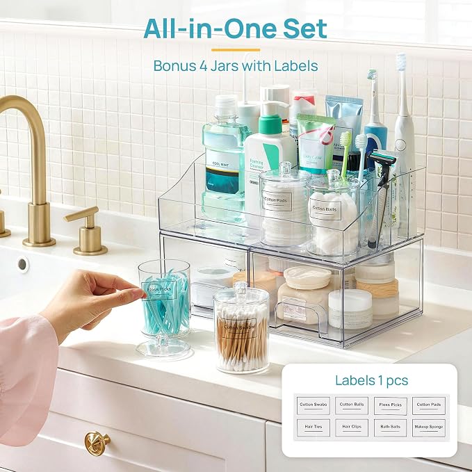 Vtopmart 7 PCS Bathroom Countertop Organizer | 1 Divided Tray, 4 Qtip Holder Jars, 2 Drawers, Clear, For Toothbrush, Cotton Pads, for bathroom countertop - Image 5