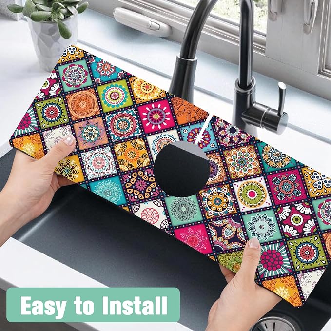 2 Pack Kitchen Sink Splash Guard Faucet Mat 24" X 5.5" Mandala Absorbent Fast Drying Mat Faucet Draining Mat Sink Splash Guard Behind Faucet Drip Catcher for Kitchen Bathroom - Image 5