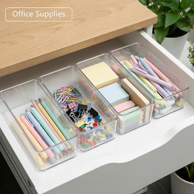 Qilinba 8 PACK Drawer Organizers Deep Drawer Organizer Bins | Clear Silverware Organizer, Stackable Storage Bins for Bathroom, Pantry, Office, Vanity, Desk - Image 7