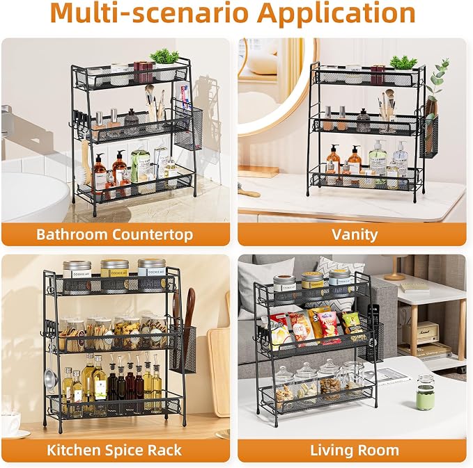 VITVITI 3 Tier Bathroom Organizer Countertop, Counter Storage Shelf, Black | Metal Wire Mesh Bathroom Counter Organizer with Basket Hooks, Vanity Tray, Kitchen Spice Rack - Image 4