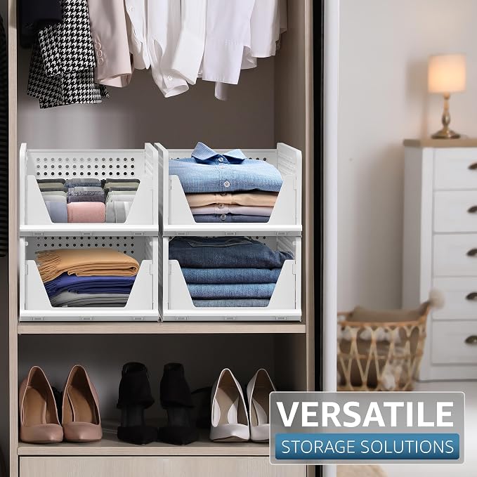 Sorbus 4 Pack Medium Shelf Organizer with Open Front Design Under Shelf for Closet Bathroom Kitchen Garage Plastic Stackable Storage Baskets - Image 5
