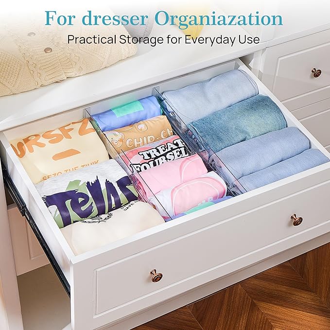 Vtopmart 4 Pack Drawer Dividers for Clothes, 4" High 10.2"-16.5" Adjustable Expandable Dresser Drawer Organizer, Clear Plastic Separators for Dresser, Baby Clothing, Underwear, Cosmetic, Toiletries | Expandable Dresser Drawer Organizer, Clear Plastic S... - Image 4