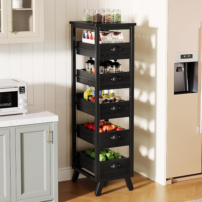 Tribesigns Black Wood Fruit and Vegetable Storage Rack, 5-Tier Narrow Snack Stand Kitchen Stand Fruit Basket, Pull-Out Utility Organizer for Kitchen, Living Room - Image 3